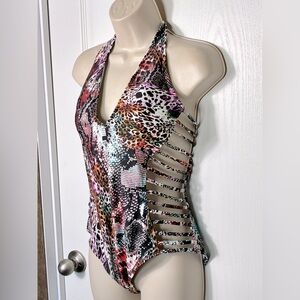 Kenneth Cole Pure Instincts Animal Print Side Slit One Piece Swimsuit Size Large